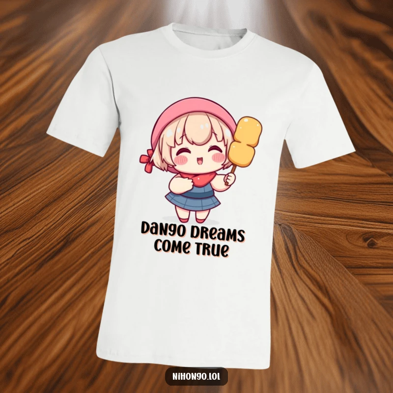 Funny t-shirt featuring a delighted character with flushed rosy cheeks, joyfully holding a massive dango skewer, food lover.