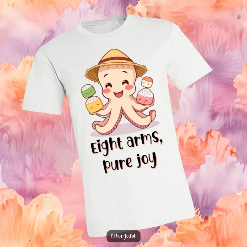 Funny t-shirt depicting a smiling octopus in a straw hat, masterfully juggling three different kinds of mochi with its many arms.