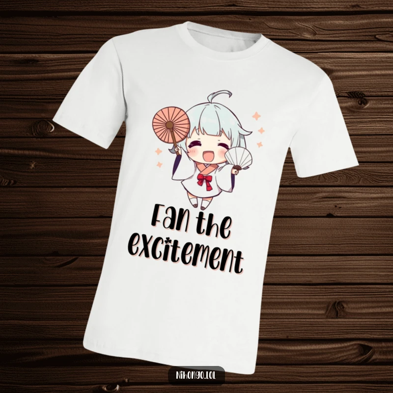 Funny T-Shirt: Character excitedly waves a fan with dynamic brush strokes, showcasing artistic energy and fun for a humorous gift.