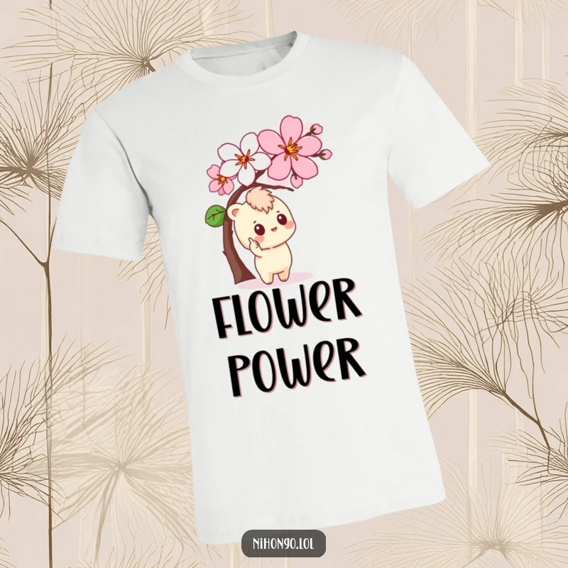Funny T-Shirt featuring a curious character pointing at a stylized cherry blossom, celebrating nature's beauty.