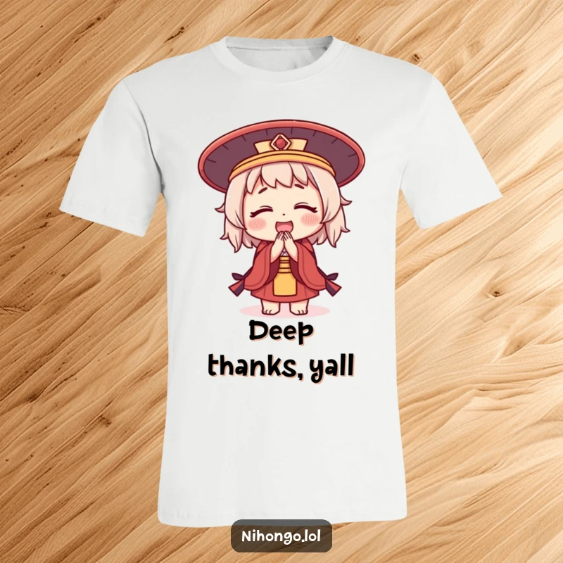 Funny t-shirt depicting a cute character wearing a traditional Japanese hat, performing a deep, joyful bow.