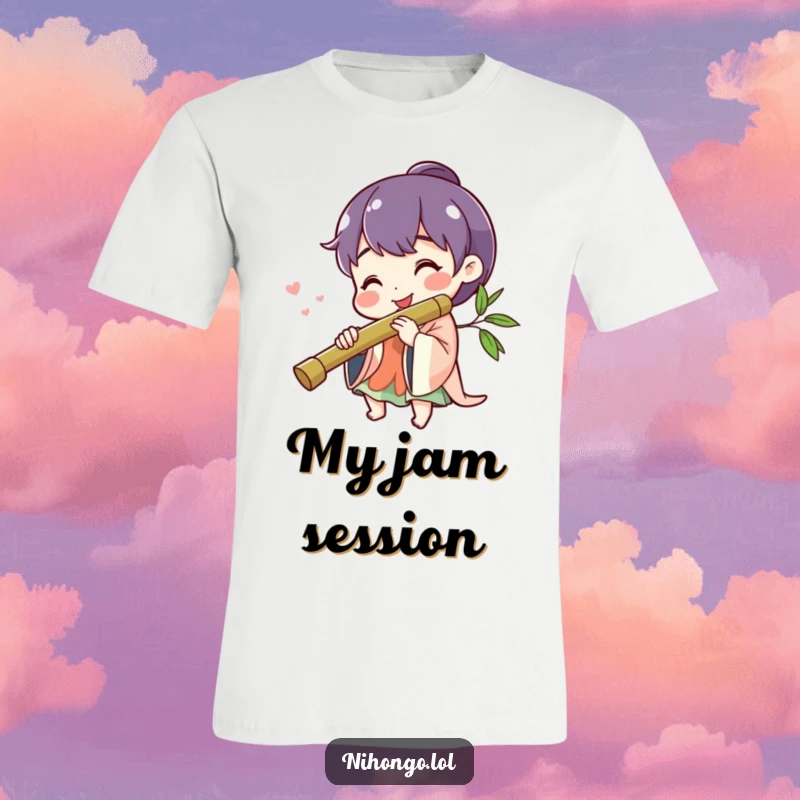 Funny cheerful character smiling, playing a bamboo flute, printed on a soft t-shirt, a harmonious design.