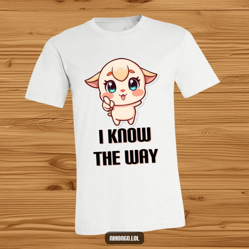 Funny t-shirt with a stylized character, wide eyes looking forward, pointing enthusiastically to inspire action and convey positive energy.