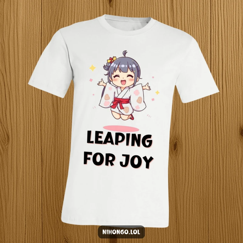 Funny t-shirt showcasing a happy character in a tiny kimono performing a joyful jump, embodying pure elation and festive spirit.