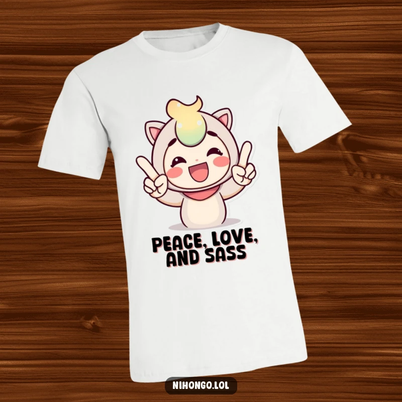 Funny t-shirt showcasing a joyful character giving a prominent peace sign with animated, expressive fingers, symbolizing happiness and lightheartedness.