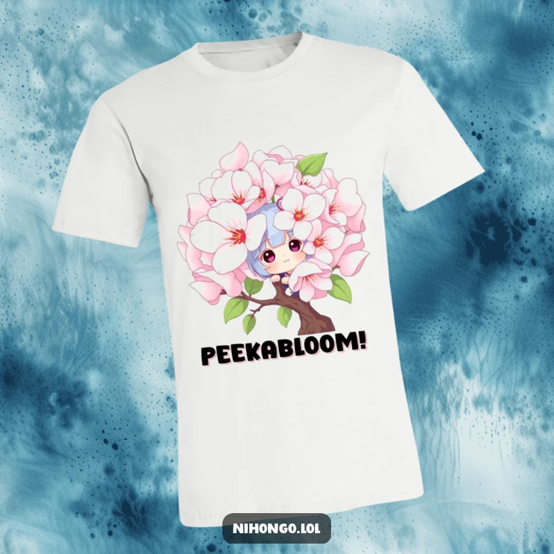 Funny peekaboo t-shirt: a playful character hides behind a large, blooming cherry blossom, expressing hidden fun and springtime beauty.