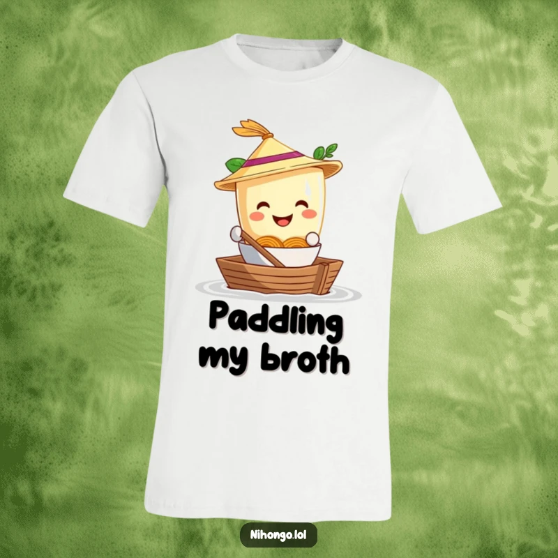 Funny T-Shirt: A smiling ramen bowl in a straw hat, captaining a shoebox boat, a humorous and delightful image for food lovers.