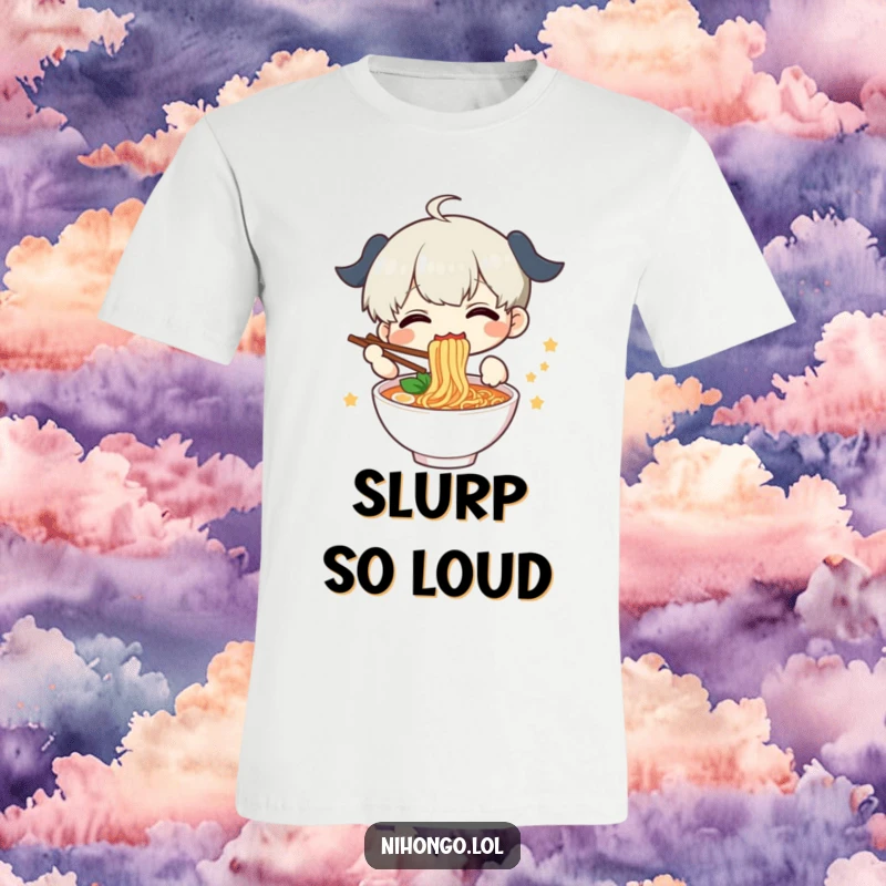 Funny T-Shirt with a delighted character enthusiastically slurping ramen with chopsticks, a hilarious gift idea.