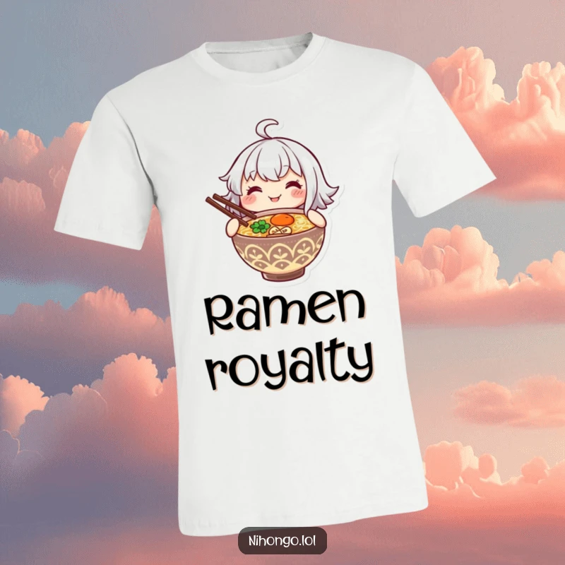 Funny t-shirt showing a smiling character holding a steaming bowl of ramen with chopsticks, perfect for noodle enthusiasts.