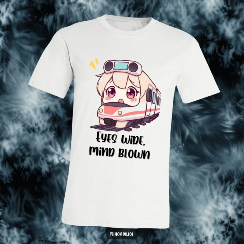 Funny T-shirt featuring a character with wide, surprised eyes witnessing a miniature bullet train whizzing by.