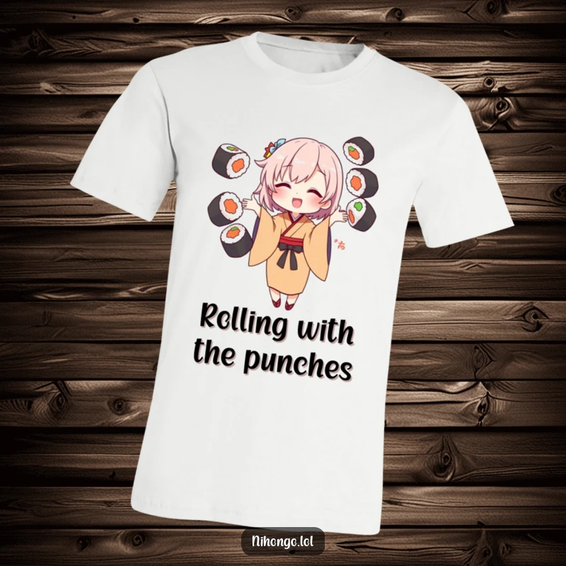 Funny T-Shirt showcasing a character in a kimono juggling a stack of sushi rolls with a playful grin.