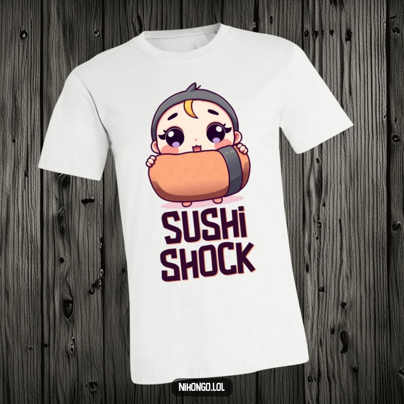 Funny t-shirt with a cartoon character displaying wide, surprised eyes while clutching an oversized sushi roll.
