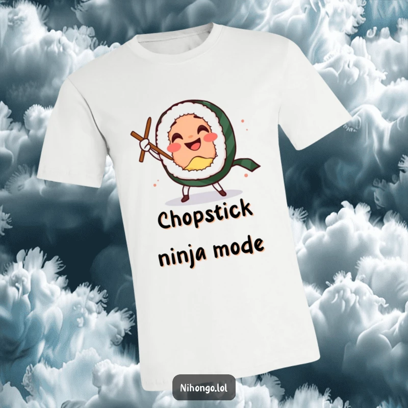 Funny t-shirt featuring a smiling sushi roll character doing a comedic sword dance with chopsticks, full of zest.