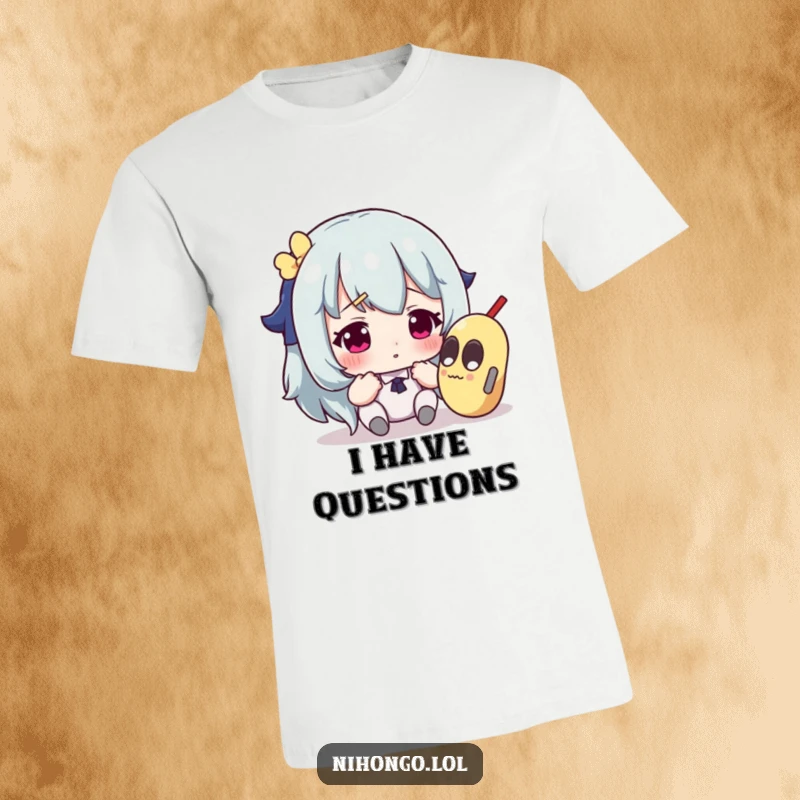 Funny t-shirt showing a character with wide eyes and a furrowed brow, questioning a peculiar, out-of-place object.