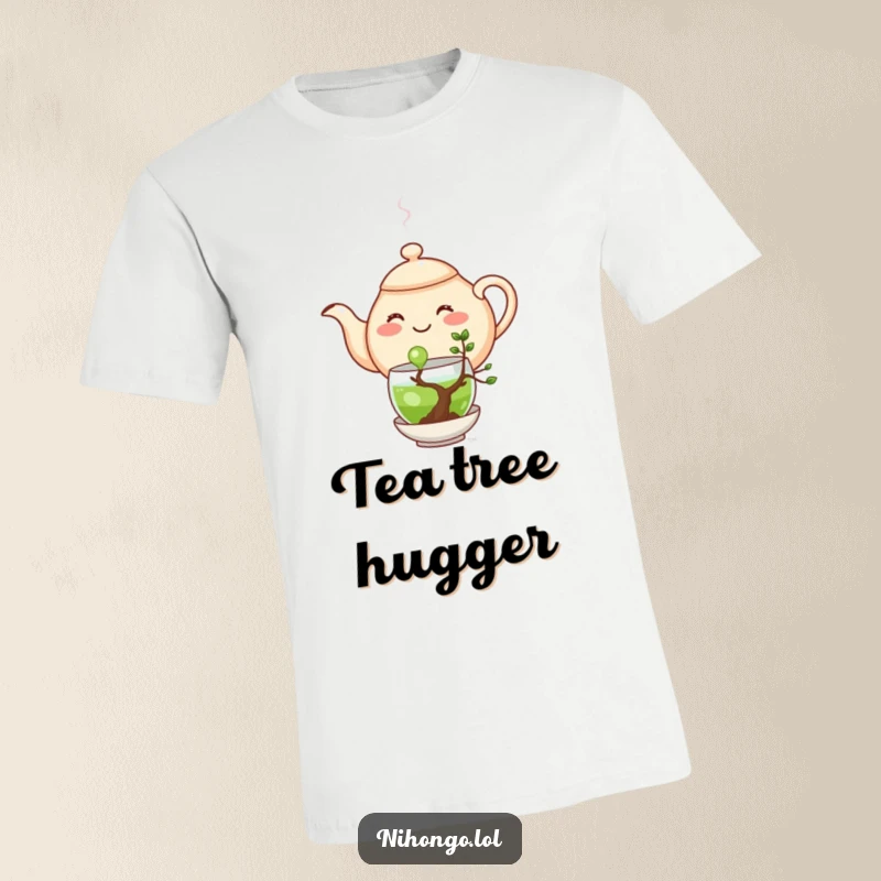 Funny t-shirt graphic of a happy teapot pouring green tea into a tiny bonsai tree, cute and amusing.
