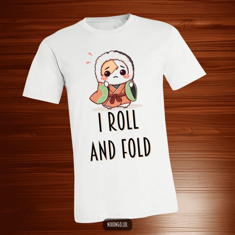 Funny t-shirt with a bewildered sushi roll in a kimono attempting origami. Highlights culinary, artistic, and humorous struggles.