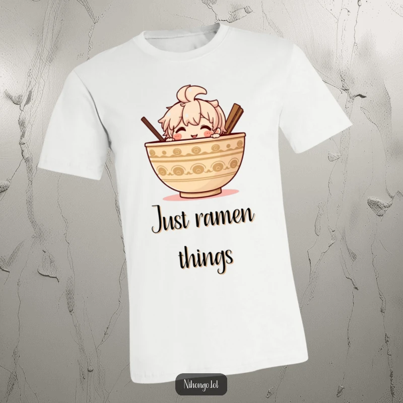 Funny Ramen T-Shirt: A smiling character peeking mischievously from behind a giant, delicious-looking bowl of ramen.
