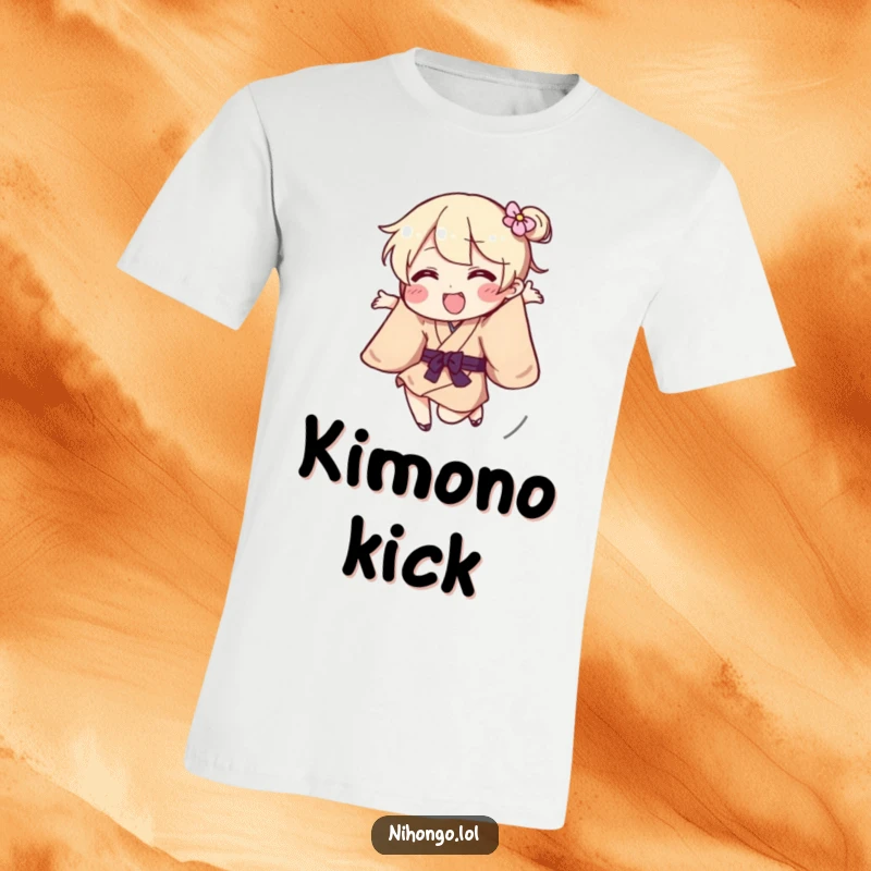 Funny T-Shirt featuring a playful character in a kimono performing an energetic jump, a gift for dancers.