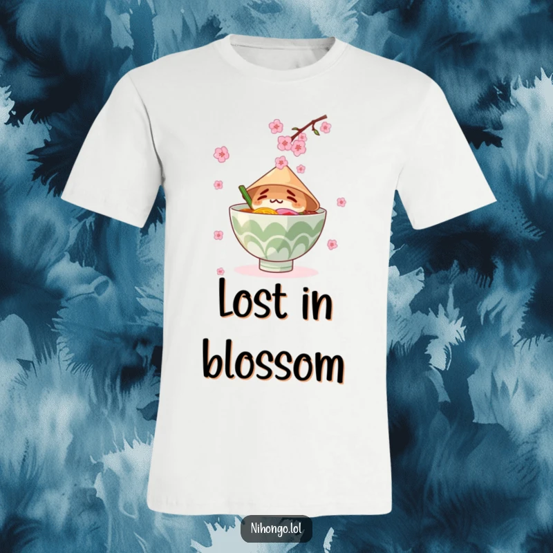 Funny ramen bowl wearing a conical hat, attempting to catch delicate falling cherry blossoms, humorous tee design.