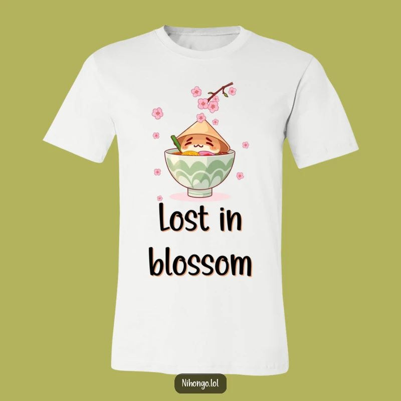 Funny Ramen Bowl T-Shirt: Catching Blossoms in a Conical Hat, Hilarious Gift for Foodies