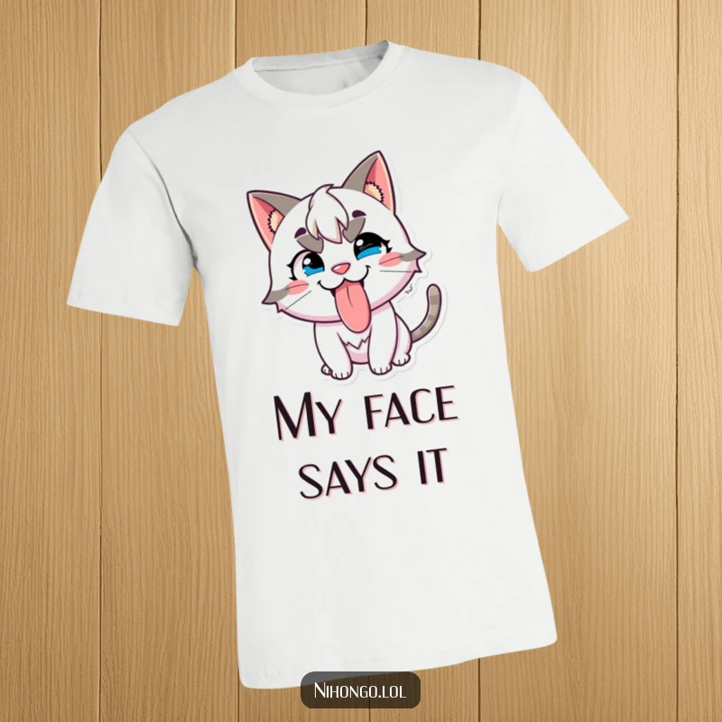 Funny t-shirt showing a mischievous character with cat ears, playfully sticking its tongue out with a wide grin.