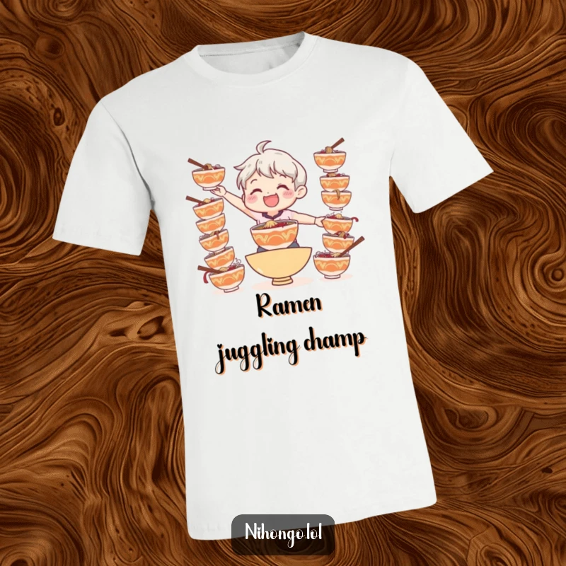 Funny t-shirt depicting a smiling character attempting to balance a precarious stack of ramen bowls, full of noodles.
