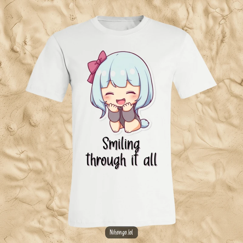 Funny bowing character t-shirt featuring a joyful figure bowing deeply with a wide smile, symbolizing politeness and happiness.