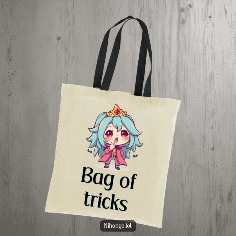 Funny tote bag with a character with a surprised expression and a puff of smoke, great for carrying items with a hint of playful magic.