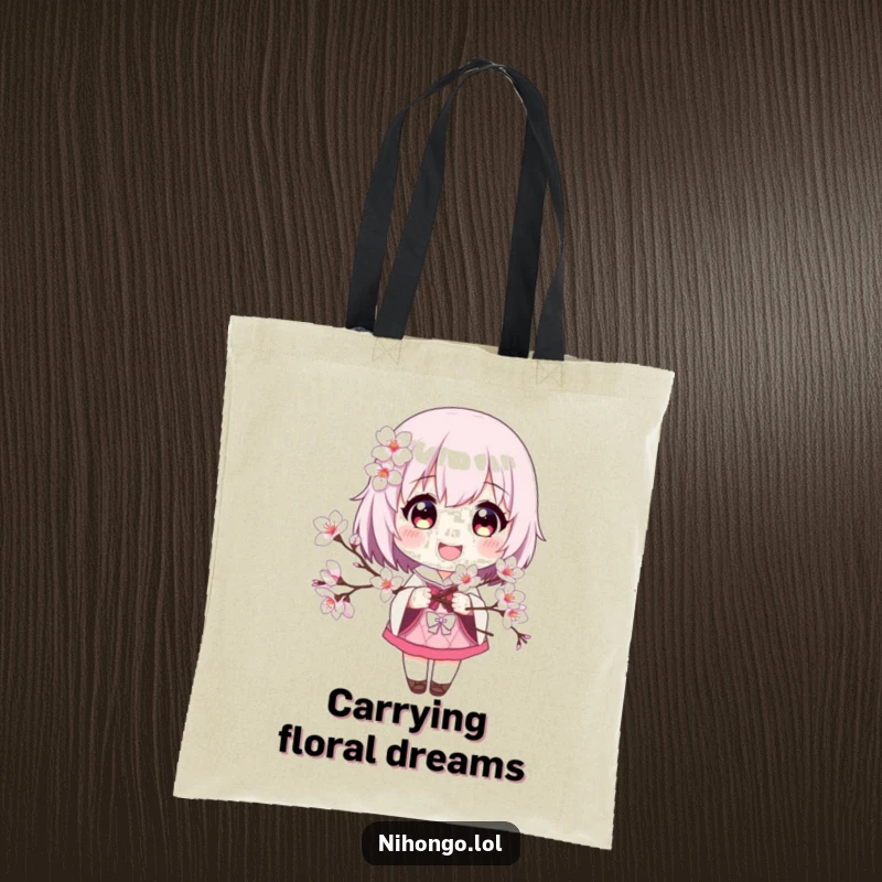 Funny tote bag featuring a smiling character with a cherry blossom branch, perfect for carrying joy and daily necessities.