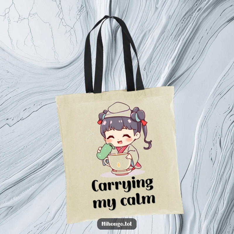 Funny tote bag with a cheerful tea ceremony character pouring a steaming cup with a dramatic flair, practical and lovely.