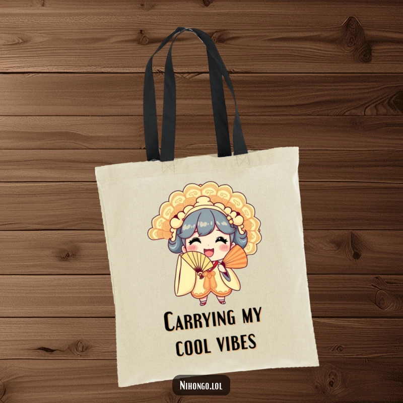 Funny tote bag with a beaming character holding a large, fancy fan, ready for adventures with a smile.
