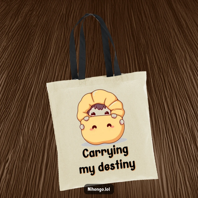 Funny tote bag depicting a sneaky character behind a large, smiling fortune cookie, perfect for carrying essentials with a humorous flair.