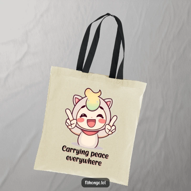 Funny tote bag with a bright, cheerful character giving a peace sign with expressive fingers, ideal for errands and spreading good vibes.