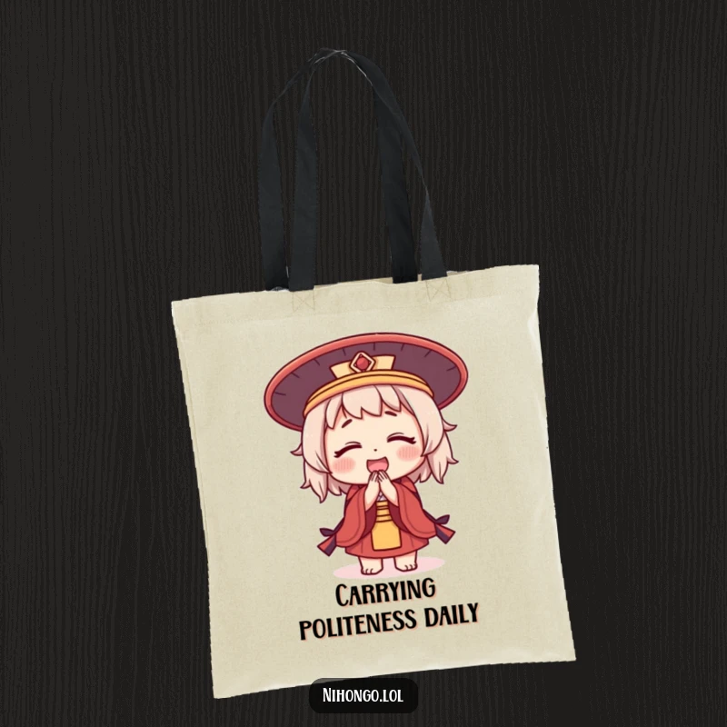 Funny tote bag featuring a cute character in a traditional Japanese hat, bowing respectfully and joyfully.