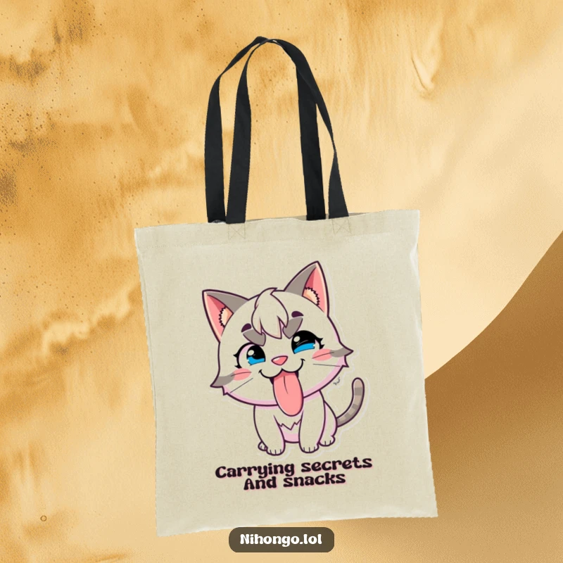 Funny tote bag with a mischievous character with cat ears, playfully sticking its tongue out with a smile.