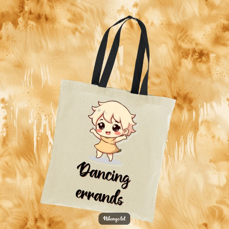 Funny tote bag with a character in a happy dance with a noticeable bounce, great for carrying essentials with a joyful flair.