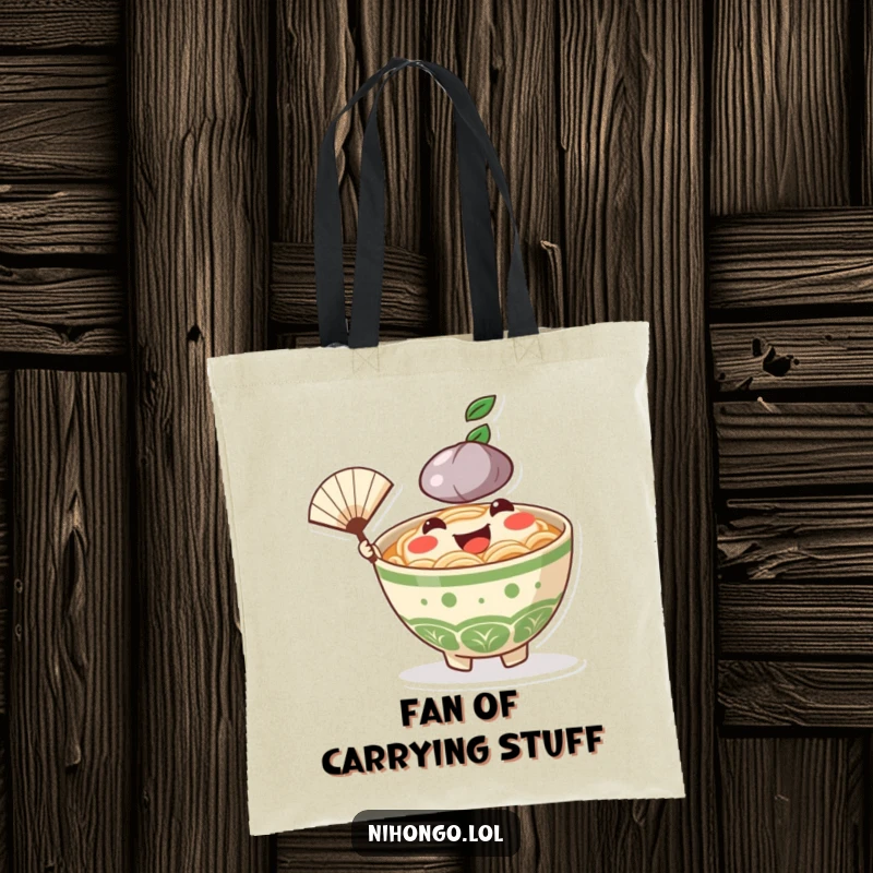 Funny Ramen Bowl Tote Bag: A cheerful ramen character, beaming and fanning, ready for grocery adventures.