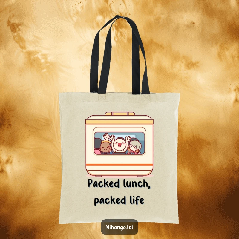 Funny Tote Bag: A cheerful bento box with tiny waving arms inside a crowded train compartment, creating a humorous, eye-catching design.