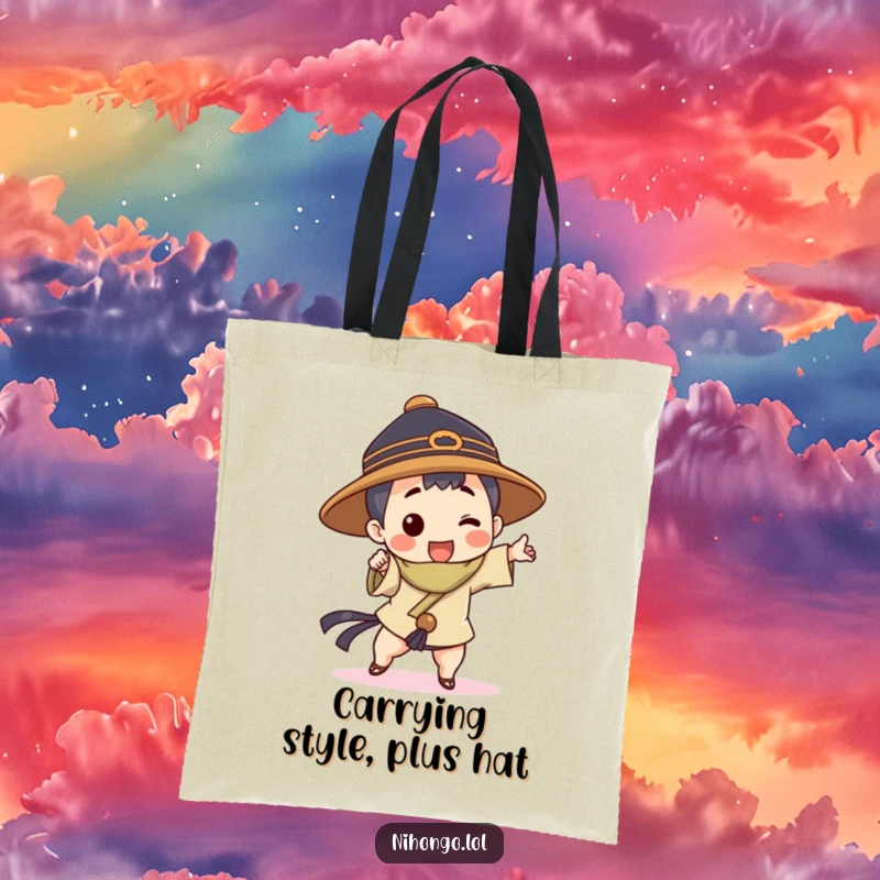 Funny tote bag showcasing a character in a traditional hat, striking a cool, dynamic, and fun pose.