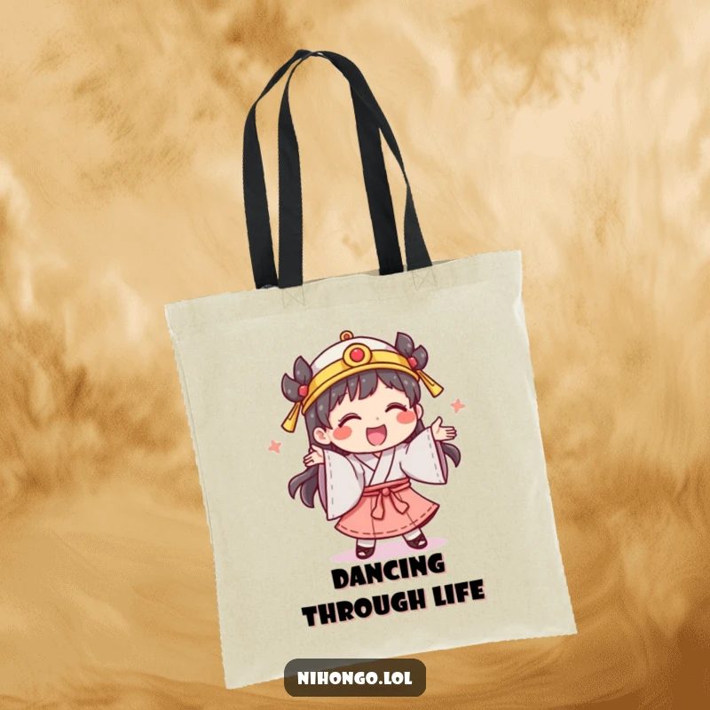 Funny tote bag with a giggling character in traditional clothing, performing a silly dance, practical and joyful.