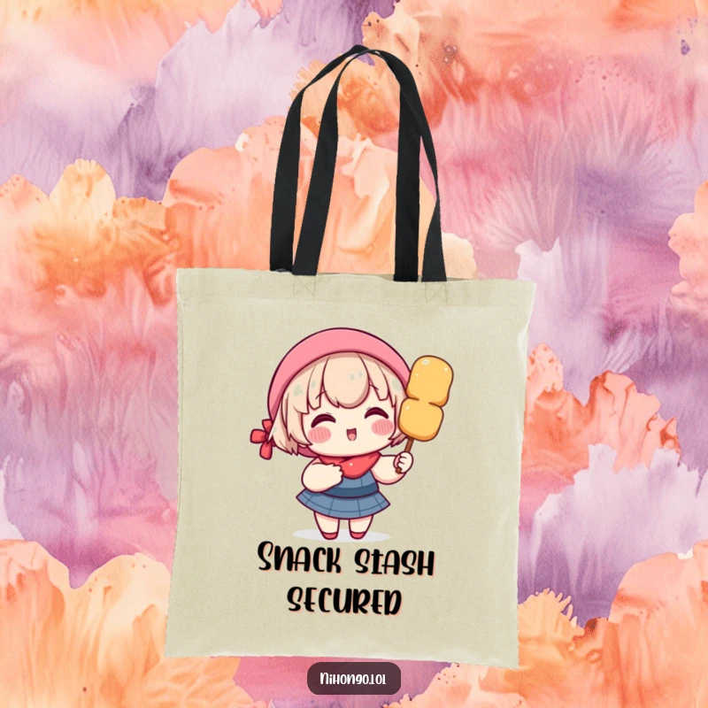 Funny tote bag with a delighted character, rosy cheeks, holding a giant dango skewer, perfect for carrying snacks.