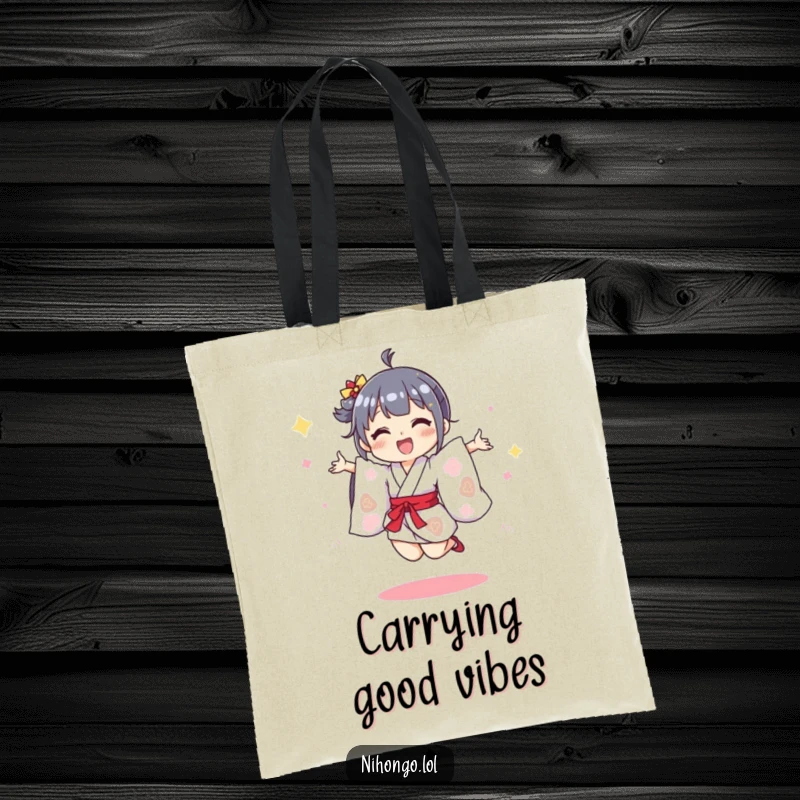 Funny tote bag with a character in a tiny kimono doing a joyful jump, perfect for carrying essentials with festive flair.