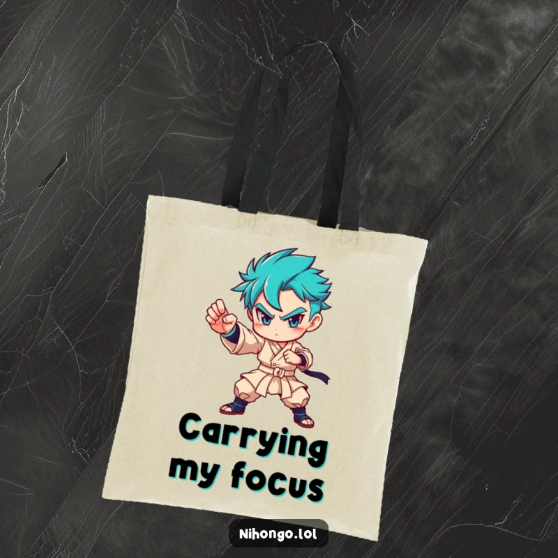 Funny tote bag depicting a determined character in a powerful martial arts pose, perfect for carrying daily essentials with confidence.