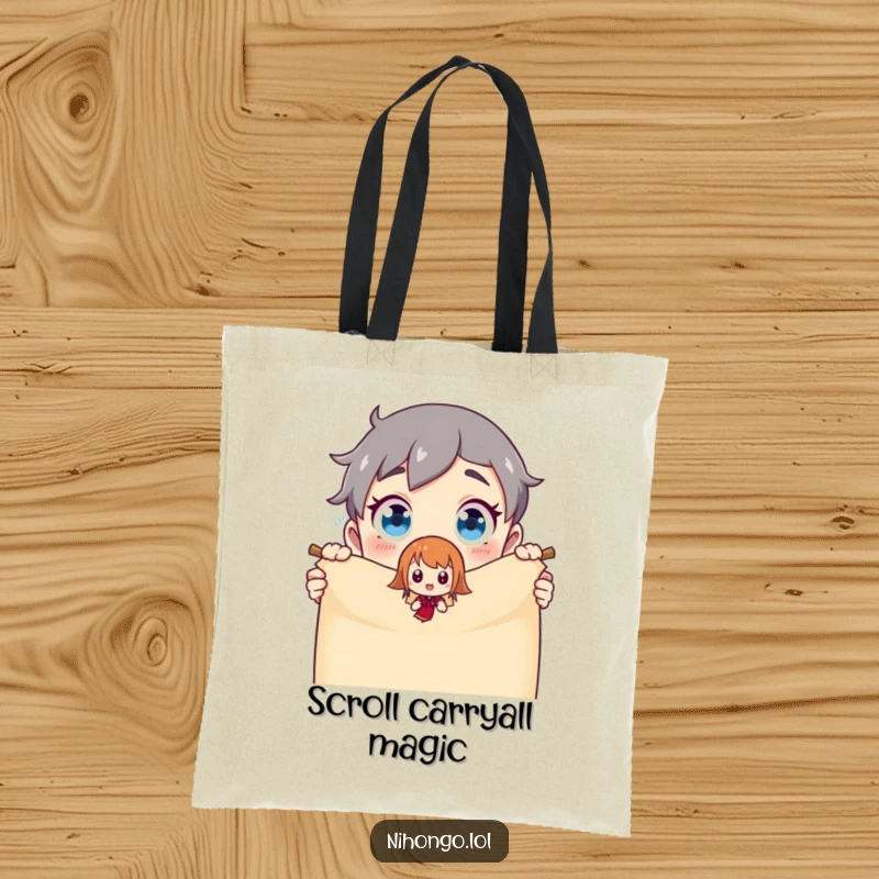 Funny Tote Bag: A wide-eyed character witnessing a magical moment as a tiny animated figure emerges from a scroll, perfect for gifting.