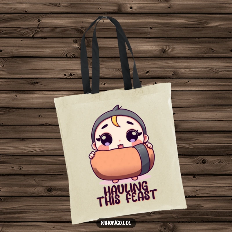 Funny tote bag illustration of a surprised character holding a giant sushi roll, great for carrying anything.