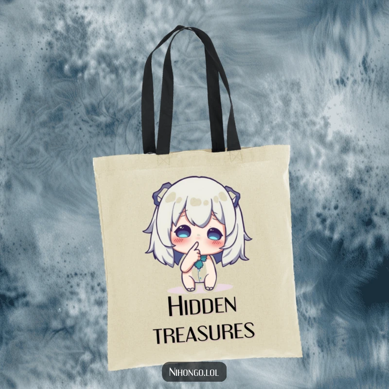 Funny tote bag with a character whispering with a finger to their lips, projecting an aura of secrecy and humor.