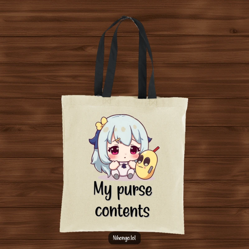 Funny tote bag depicting a curious character examining a strange, unexpected object with a look of deep contemplation.