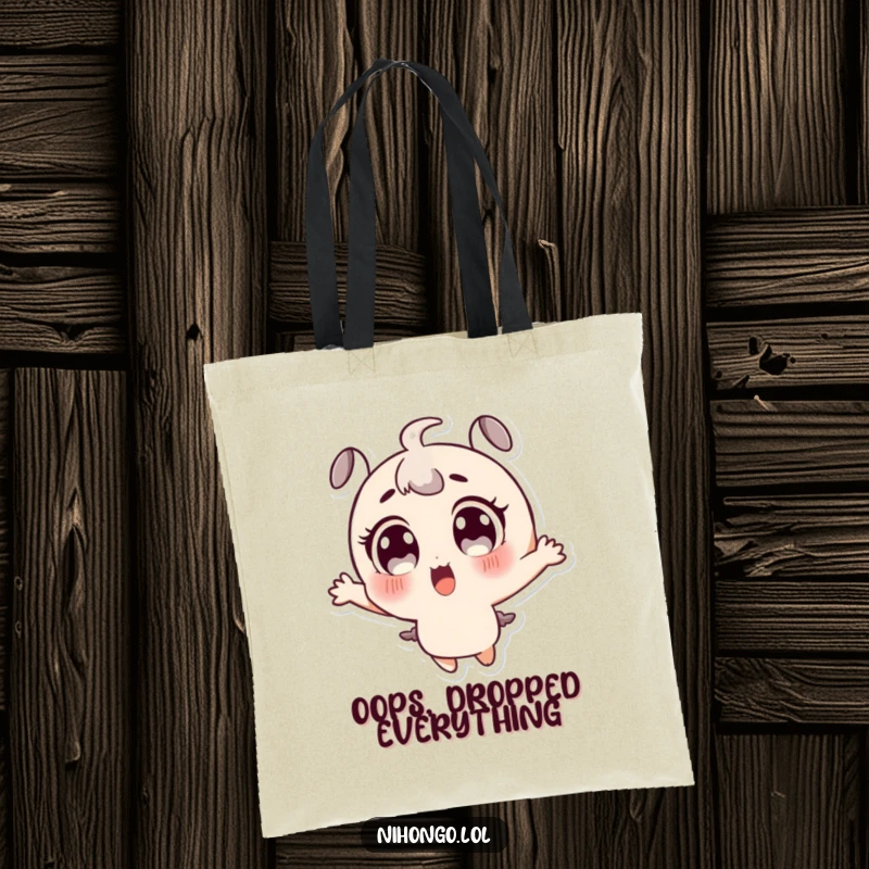 Funny tote bag showcasing a surprised character with enormous eyes, jumping ecstatically, perfect for errands and gifts.