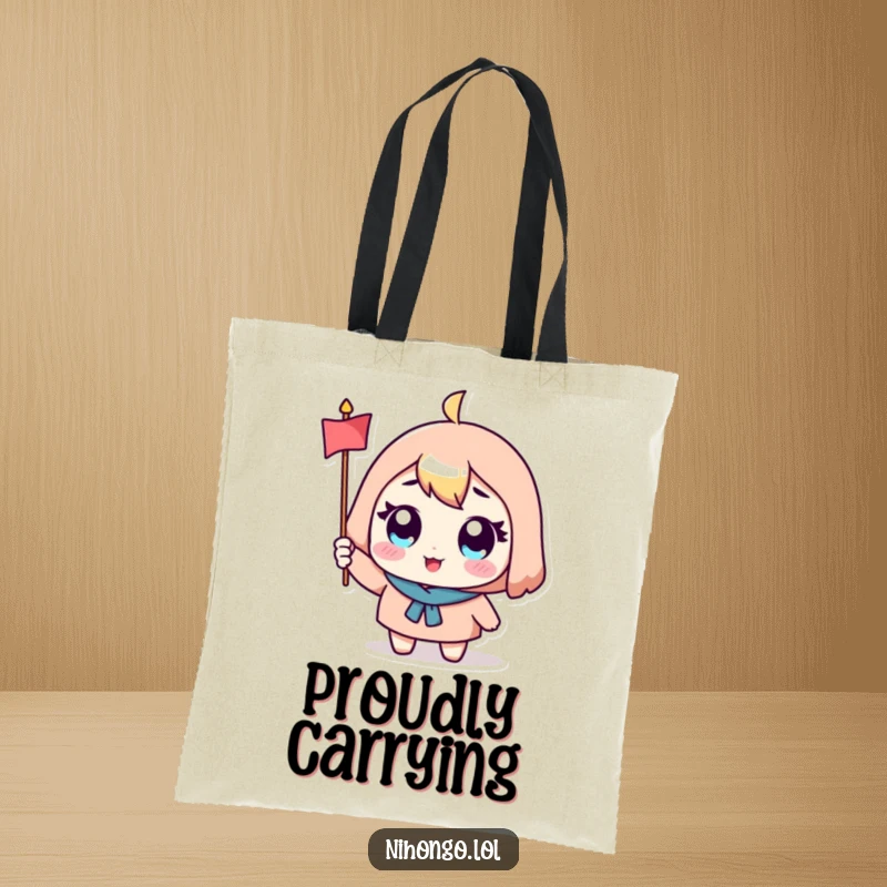 Funny tote bag with a cute character, big eyes, and a small flag, enthusiastically waving, practical and joyful.