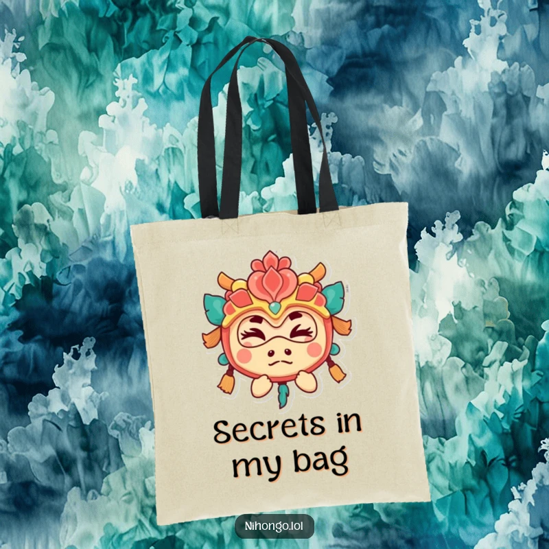 Funny tote bag with a playful character in a festival mask, giving a sly wink, perfect for shopping and gifts.